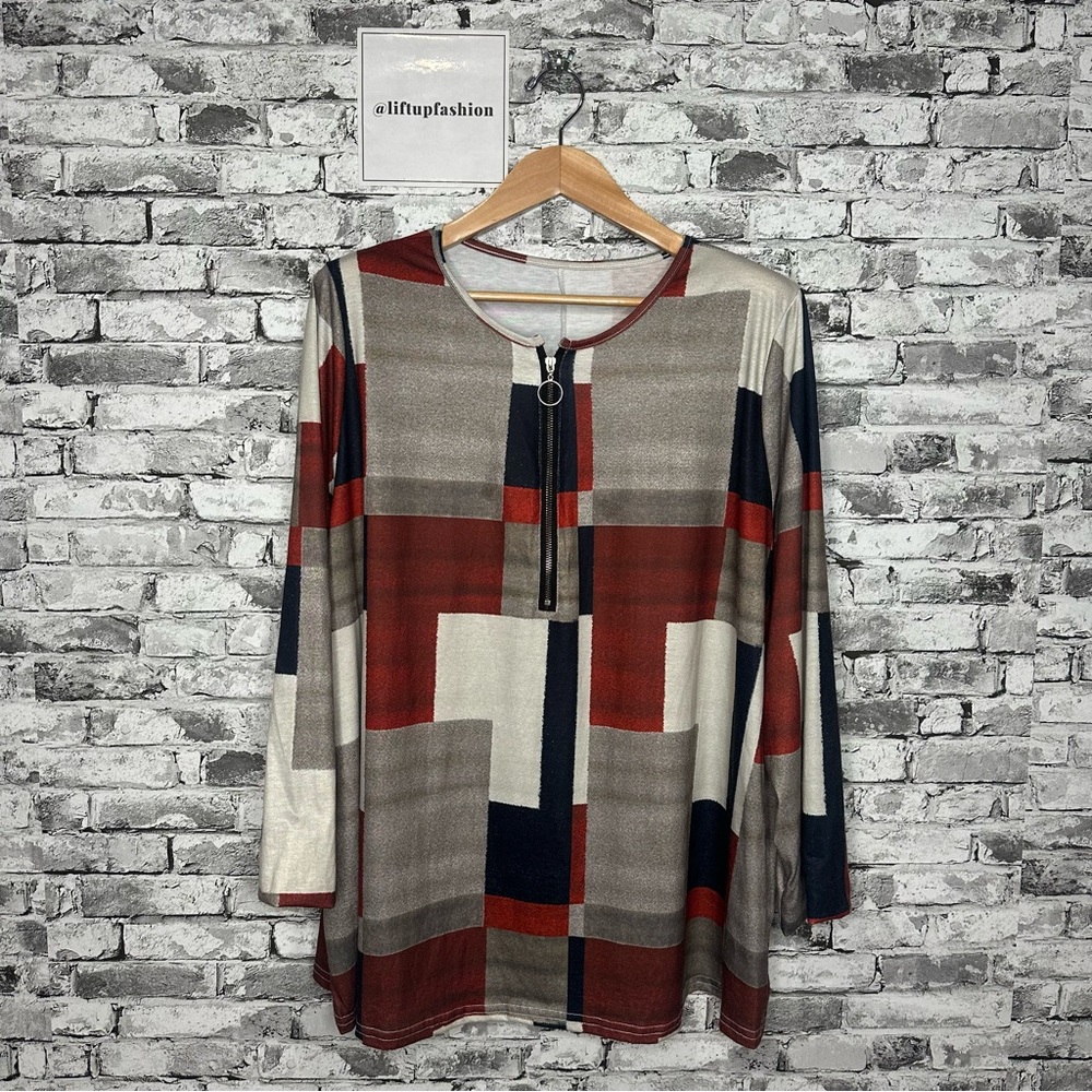 EUC Shein Grey Red Blue Rectangle Pattern Quarter Zip Blouse Size 5XL